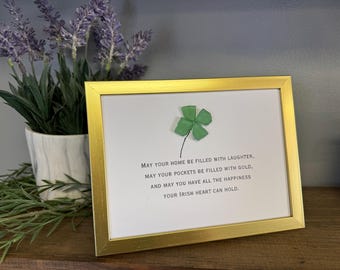 Sea Glass Framed Art: Irish Blessing, Ireland, St. Patrick's Day, Clovers, Gift