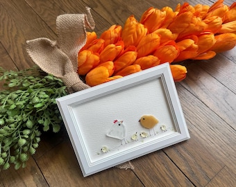 Sea Glass Spring Art: Chicken Family Framed Decor
