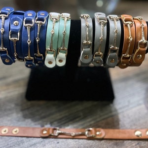 May include: A set of six leather bracelets with gold-toned horse bit accents. The bracelets are in various colors, including blue, green, gray, and brown.