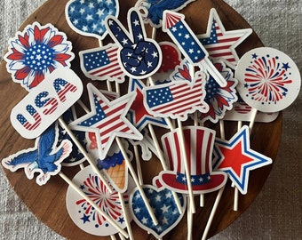 Patriotic Cupcake Toppers: Red, White, and Blue - Set of 12