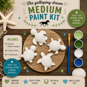 May include: A medium paint kit featuring four white plaster sea turtle figures on a round wooden board. The set includes a paintbrush and four small containers of paint in shades of green, white, and blue. Text on the packaging reads The galloping dream MEDIUM PAINT KIT and includes a list of contents.