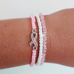 Pink Ribbon Breast Cancer Awareness Charm Bracelet: Survivor Stacking Bead Jewelry