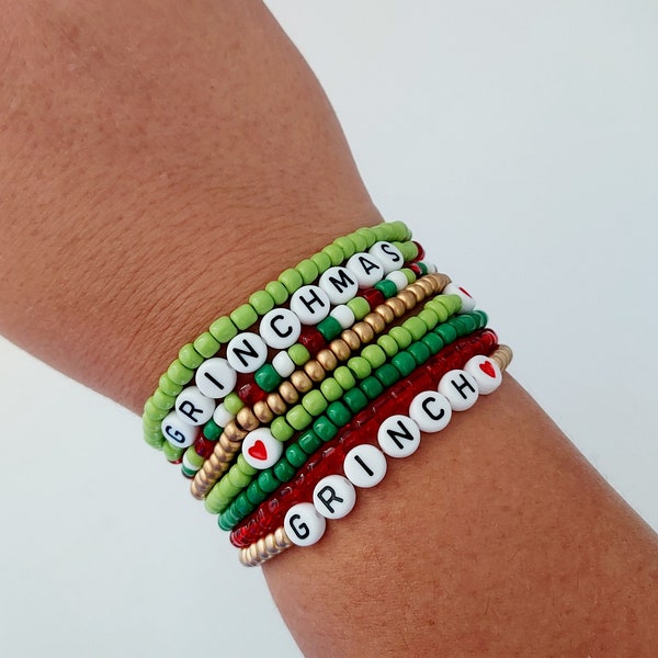 Grinch Stacking Seed Bead Bracelet,  Stink Stank Stunk, Grinch Gift, Christmas Jewelry, Holiday Bracelets, Gold, Green and Red Christmas