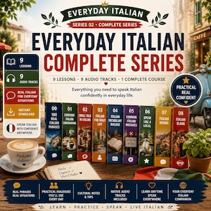 以下が含まれることがあります： 「Everyday Italian Complete Series」と題されたイタリア語学習コースで、00から08までの9冊の番号付きボリュームで構成されています。9つのレッスンと9つのオーディオトラックが含まれており、コーヒーカップ、ノート、バジルの鉢植えと一緒に配置されています。