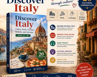 Może przedstawiać: Książka Discover Italy z okładką przedstawiającą Florencję, filiżankę kawy i pizzę. Książka zawiera 20 kronik kulturowych, ścieżki dźwiękowe i słownictwo na poziomach B1-B2. Tekst zawiera: Discover Italy, Cities, food, customs, beliefs, and sayings.