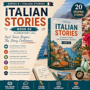 Può includere: Un libro intitolato Italian Stories Book 02 Elementary A2 contenente 20 storie originali. La copertina mostra una città costiera italiana, una tazza di caffè e un taccuino. Il testo include dettagli su supporto al vocabolario, domande e approfondimenti culturali.