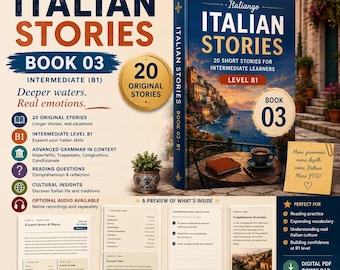 Może przedstawiać: Książka w twardej oprawie zatytułowana Italian Stories Book 03 Intermediate B1, z włoskim krajobrazem wybrzeża na okładce. Książka zawiera 20 oryginalnych opowiadań, listy słownictwa, pytania sprawdzające zrozumienie tekstu oraz ciekawostki kulturowe.