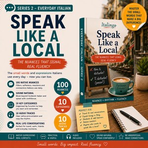 May include: A language learning book titled Speak Like a Local Series 2 Everyday Italian with a teal coffee cup, a small chalkboard, and a spiral notebook with a black pen on a wooden surface. The cover features text about Italian nuances.