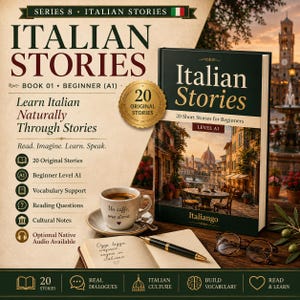 May include: A book titled Italian Stories for beginners with a dark green cover, a white coffee mug with the text Un caffè, una storia, a black fountain pen, and round glasses resting on an open notebook with handwritten Italian text.