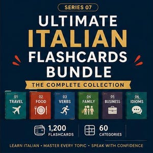 Peut inclure: Un produit éducatif numérique intitulé Series 07 Ultimate Italian Flashcards Bundle The Complete Collection. Il présente six boîtes colorées étiquetées Travel, Food, Verbs, Family, Business et Idioms, totalisant 1 200 cartes sur 60 catégories.