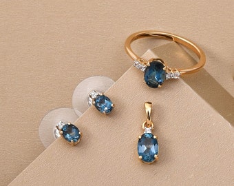 London Blue Topaz and Moissanite Earrings, Ring and Pendant Box Set in Vermeil Yellow Gold Over Sterling Silver, Blue Topaz Jewelry Set