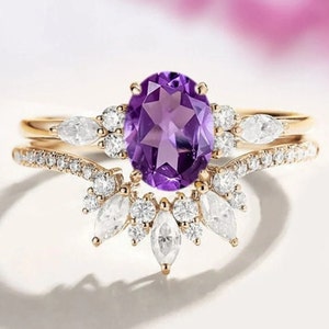 Art Deco Amethyst Engagement Ring Set in Yellow Gold Plated Sterling Silver, Amethyst Ring Set, Amethyst Jewelry , February Birthstone Ring