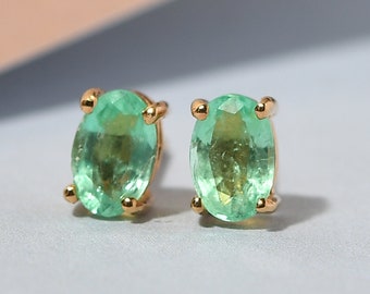 Colombian Emerald Solitaire Stud Earrings in Vermeil Yellow Gold Over Sterling Silver, Emerald Stud Earring, Emerald Earring, Gift for her
