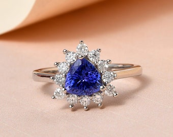 Bague tanzanite AAAA avec diamant en or blanc massif 14 carats, bague tanzanite, bague diamant, bague tanzanite taille trillion, bague halo de pierres précieuses