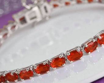 Premium Mexican Fire Opal Tennis Bracelet in Platinum Plated Sterling Silver, Fire Opal Bracelet, Fire Opal Jewelry, Gift for Her