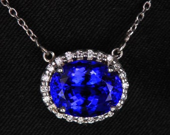 10K White Gold Premium Tanzanite and E-F VS Diamond Halo Pendant, Tanzanite Pendant, Tanzanite Necklace, Diamond Pendant, Gift for Her