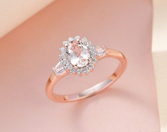 Natural Morganite and White Zircon Sunburst Ring in Vermeil Rose Gold Over Sterling Silver, Morganite Ring, Morganite Jewelry, Gift for her