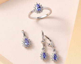 AAAA Tanzanite and Moisssanite Earrings, Ring and Pendant Necklace Set in Platinum Over Sterling Silver, Tanzanite Jewelry Set, Gift For Her