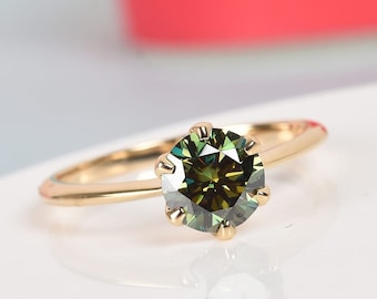 Green Moissanite Solitaire Ring in 14K Yellow Gold Plated Sterling Silver, Green Moissanite Ring, Moissanite Jewelry, Gift for her