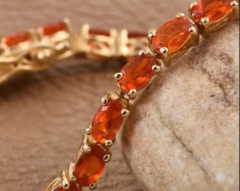 Premium Mexican Fire Opal Tennis Bracelet in 14K Yellow Gold Plated Sterling Silver, Fire Opal Bracelet, Fire Opal Jewelry, Gift for Her