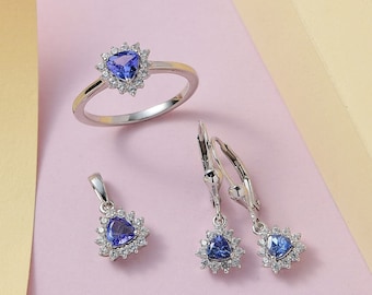 AAAA Tanzanite and Moisssanite Earrings, Ring and Pendant Necklace Set in Platinum Over Sterling Silver, Tanzanite Jewelry Set, Gift For Her