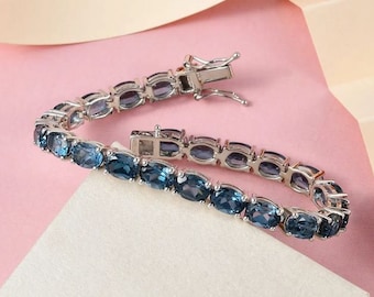London Blue Topaz Tennis Bracelet in Platinum Over Sterling Silver, London Blue Topaz Bracelet, Tennis Bracelet, Gift for her
