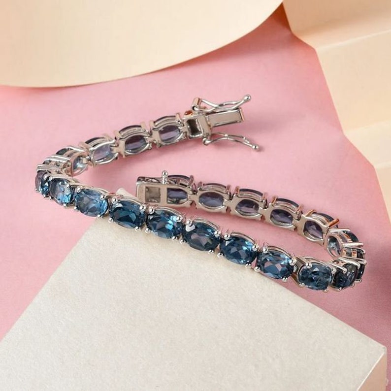 London Blue Topaz Tennis Bracelet in Platinum Over Sterling Silver, London Blue Topaz Bracelet