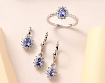 AAAA Tanzanite and Moisssanite Earrings, Ring and Pendant Necklace Set in Platinum Over Sterling Silver, Tanzanite Jewelry Set, Gift For Her