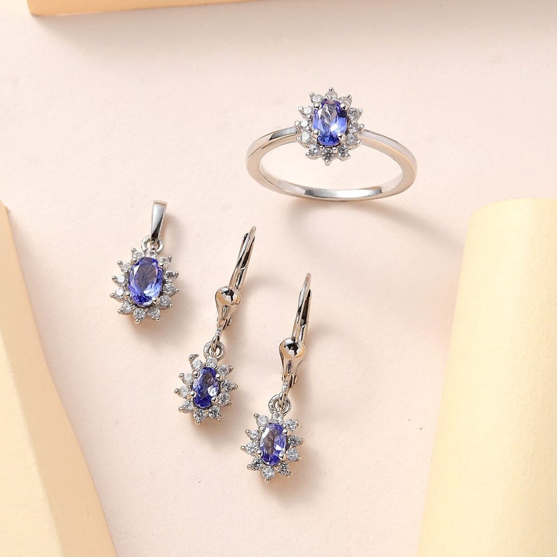 AAAA Tanzanite and Moisssanite Earrings, Ring and Pendant Necklace Set in Platinum Over Sterling Silver, Tanzanite Jewelry Set, Gift For Her image 1