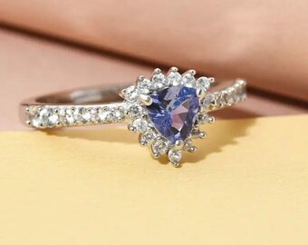 AAAA Tanzanite Halo Ring in Platinum Plated Sterling Silver, Tanzanite Ring, Tanzanite Jewelry, Gift for Her