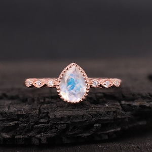 Rainbow Moonstone Ring in Rose Gold Plated Sterling Silver, Art Deco Moonstone Ring, June Birthstone Ring, Moonstone Jewelry, Gift for Her
