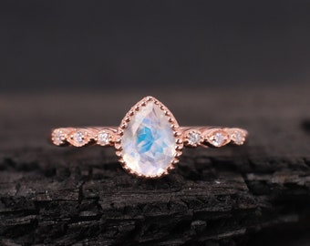 Anillo de piedra lunar arcoíris en plata de ley bañada en oro rosa, anillo de piedra lunar estilo art déco, anillo de piedra natal de junio, joyería de piedra lunar, regalo para ella.