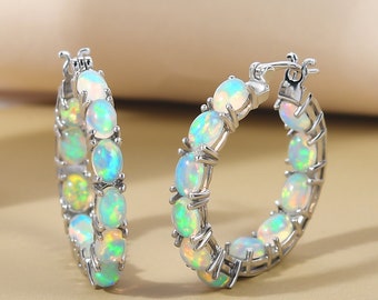 Ethiopian Welo Opal Inside Out Hoop Earrings in Platinum Over Sterling Silver, Ethiopian Opal Earring, Opal Jewelry, Gift for Her