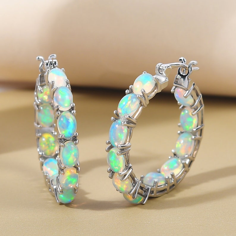 Ethiopian Welo Opal Inside Out Hoop Earrings in Platinum Over Sterling Silver, Ethiopian Opal Earring, Opal Jewelry, Gift for Her image 1