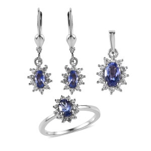 AAAA Tanzanite and Moisssanite Earrings, Ring and Pendant Necklace Set in Platinum Over Sterling Silver, Tanzanite Jewelry Set, Gift For Her image 2