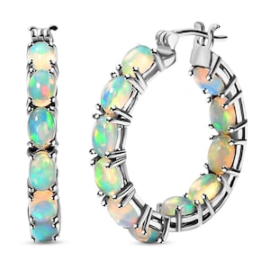 Ethiopian Welo Opal Inside Out Hoop Earrings in Platinum Over Sterling Silver, Ethiopian Opal Earring, Opal Jewelry, Gift for Her image 2