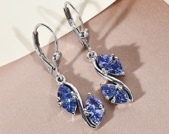 Tanzanite Lever Back Earrings in Platinum Over Sterling Silver, Tanzanite Earring, Tanzanite Jewelry, Dangle Earring, Gift for Her