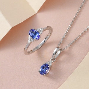 AAAA Tanzanite and Moisssanite Ring and Pendant Necklace Set in Platinum Over Sterling Silver, Tanzanite Jewelry Set, Gift For Her image 1