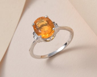 Premium Brazilian Fire Opal and Moissanite Ring in Platinum Over Sterling Silver, Mexican Fire Opal Ring, Fire Opal Jewelry, Gift for Her