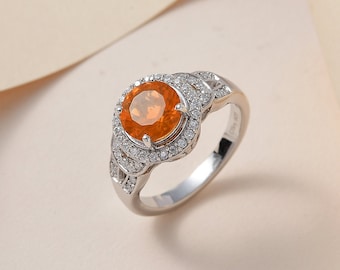 Premium Mexican Fire Opal and Moissanite Halo Ring in Platinum Over Sterling Silver, Fire Opal Ring, Fire Opal Jewlery, Gift for Her