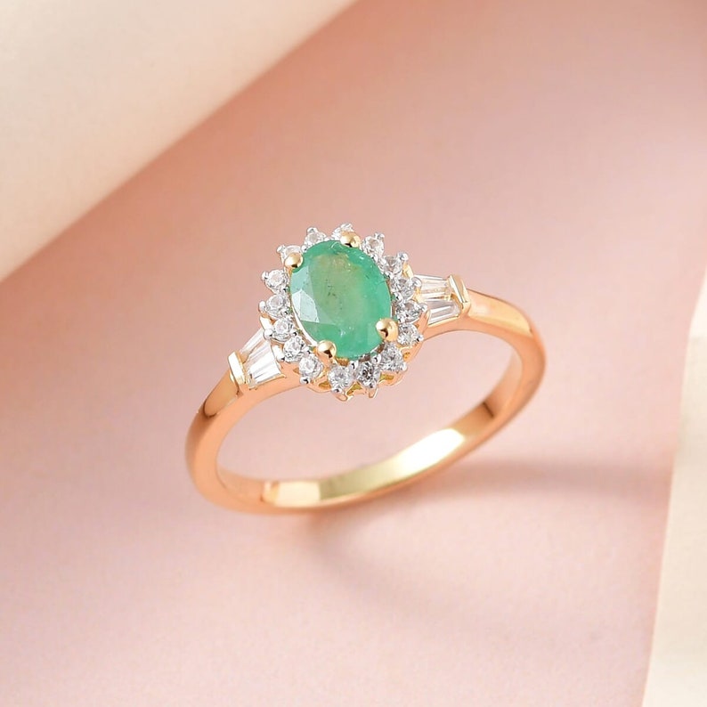 Zambian Emerald and White Zircon Ring in Vermeil Yellow Gold Over Sterling Silver , Emerald Ring, Emerald Jewelry, May Birhstone Ring image 1