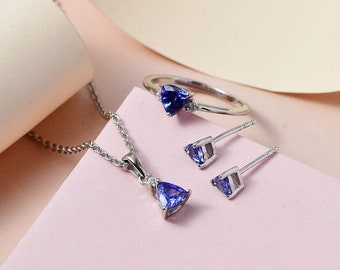 AAAA Tanzanite and Moisssanite Stud Earrings, Ring and Pendant Necklace Set in Platinum Over Sterling Silver, Tanzanite Jewelry Set