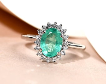 Natural Zambian Emerald Halo Ring in Sterling Silver, Emerald Ring, Emerald Jewelry, May Birthstone Ring, Halo Ring, Gift for her