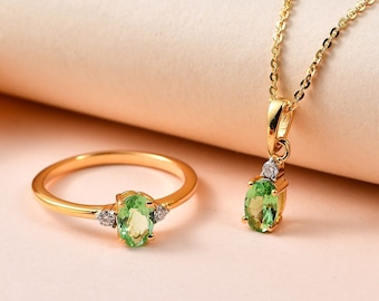 Premium Tsavorite Garnet and Moissanite Ring and Pendant Necklace in Vermeil Yellow Gold Over Sterling Silver, Tsavorite Ring, Gift for Her