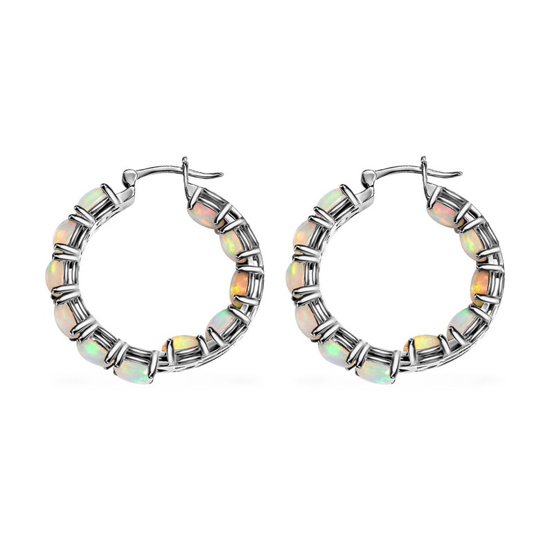 Ethiopian Welo Opal Inside Out Hoop Earrings in Platinum Over Sterling Silver, Ethiopian Opal Earring, Opal Jewelry, Gift for Her image 4