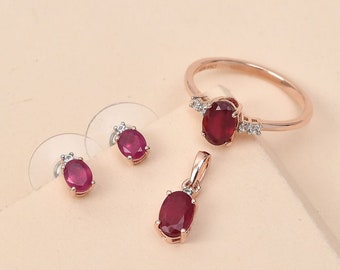 African Ruby and Moissanite Earrings, Ring and Pendant Box Set in Vermeil Rose Gold Over Sterling Silver, Ruby Jewelry, July Birthstone