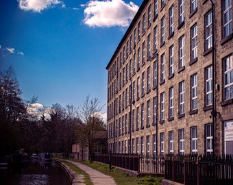 Printable Picture of a mill next to a British canal, with blue sky and fluffy white clouds, digital download.