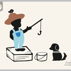 Fishing Boy with Puppy and Bird, Cute Boy svg, Puppy svg, Dog cut file, bestfriend svg, Puppy Clipart, Cute Little Bird svg cut file 1254
