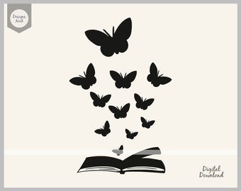 Puede incluir: Silueta negra de un libro abierto con mariposas volando fuera de él. Las mariposas están en varias posiciones y tamaños. La imagen está sobre un fondo blanco.