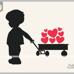 Chłopiec ciągnący wózek z sercami, walentynki svg, uroczy chłopiec vintage svg, sylwetka walentynki, walentynkowy clipart, naklejka walentynkowa 1266